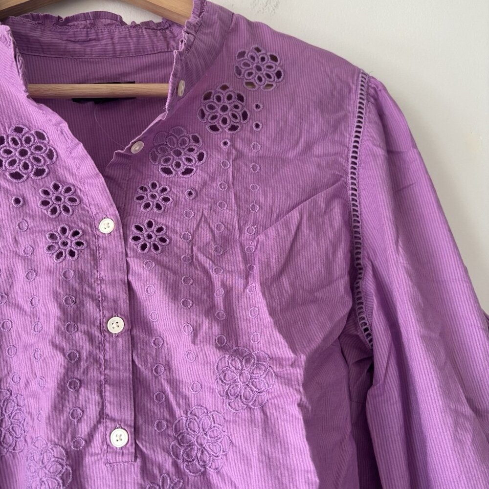 J. CREW Ruffle Sleeve Peasant Blouse Purple Eyelet Top Cottagecore Size L Preppy - Picture 9 of 14